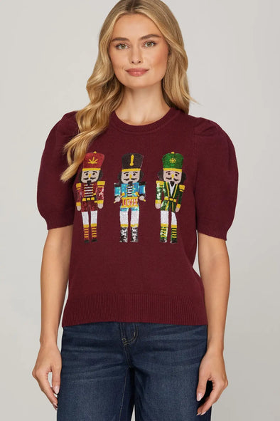 She+Sky Wine Nutcracker Sequin Sweater