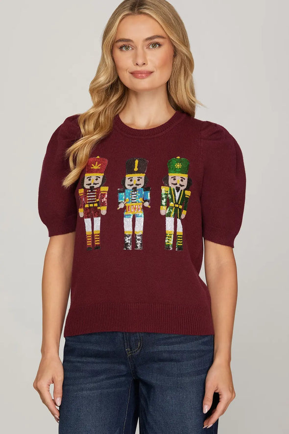 She+Sky Wine Nutcracker Sequin Sweater