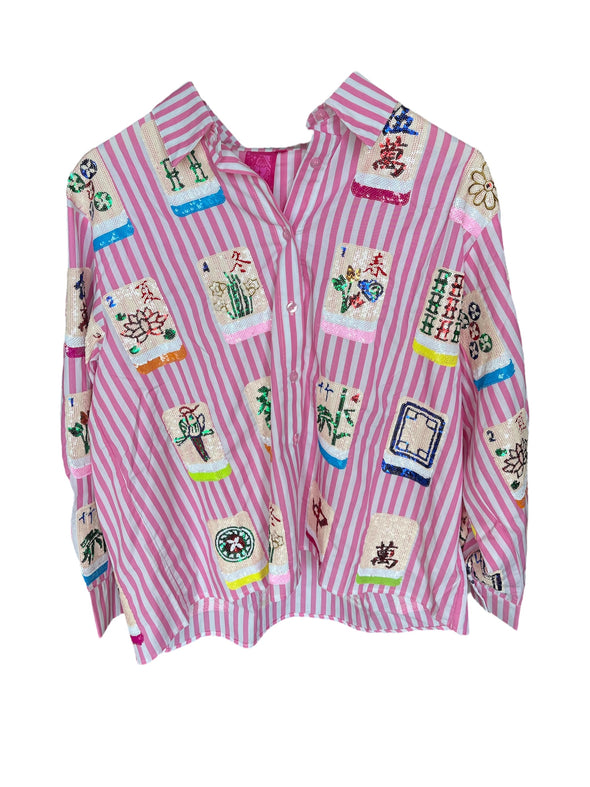 QOS Pink and White Striped Mahjong Cotton Button Down Top