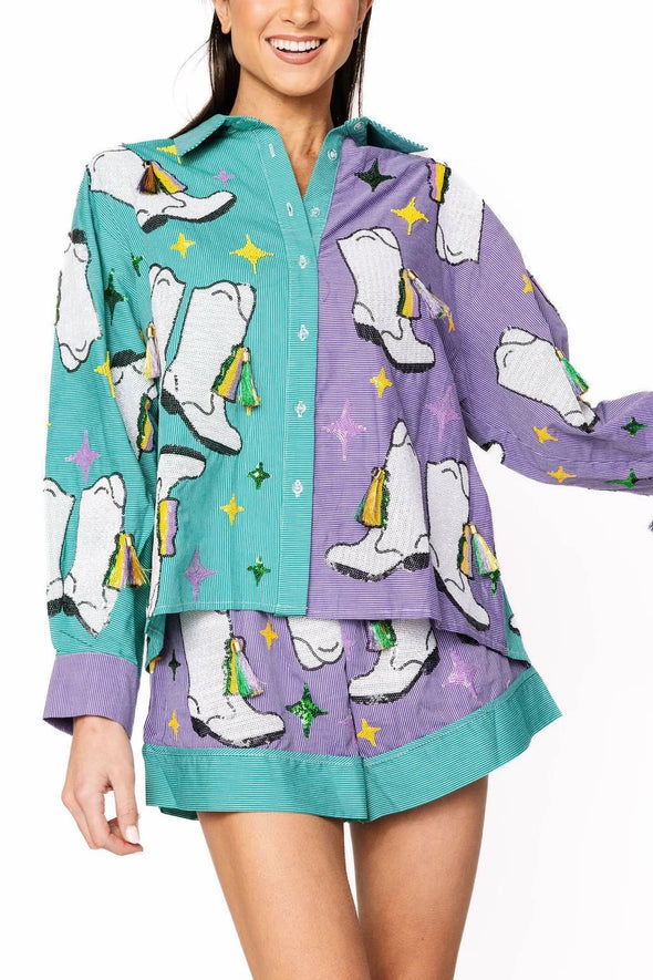 QOS Green & Purple Stripe Colorblock Mardi Gras Boot Button Up Top