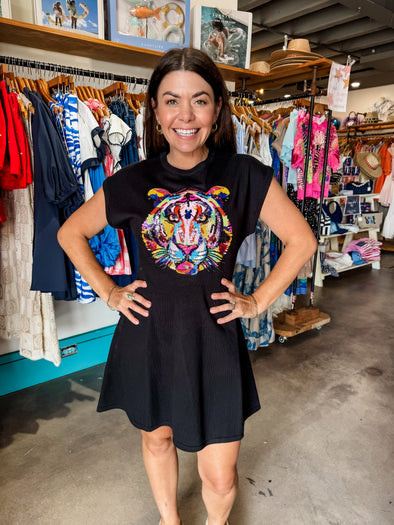 QOS Black Knit Dress with Rainbow Tiger Head