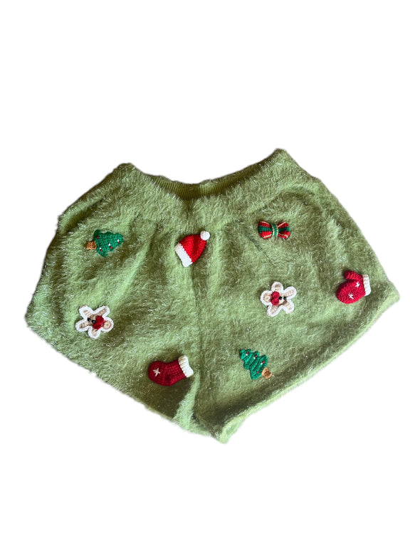 QOS Green Fuzzy Knit Christmas Icon Shorts