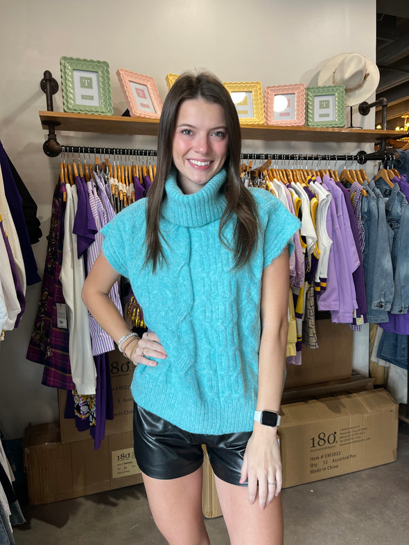 She+Sky Mint Sleeveless Turtleneck Cable Sweater Top