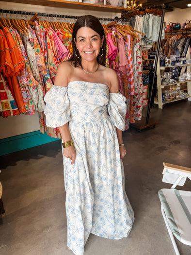 Meet Me in Santorini Azule Floral Off Shoulder Maxi Dress