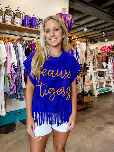 QOS Purple & Gold Fringe "Geaux Tigers" Vest