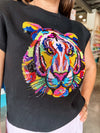 QOS Black Knit Short Sleeve Sweater with Rainbow Tiger Head