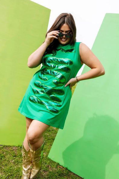 QOS Green Metallic "Lucky" Tank Dress