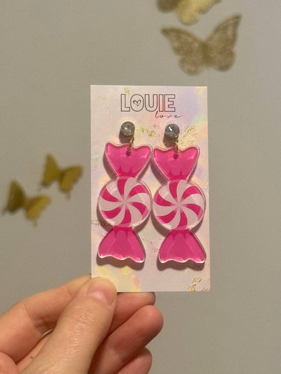 Louie Love Acrylic Pink Christmas Candy Cane Festive Earrings