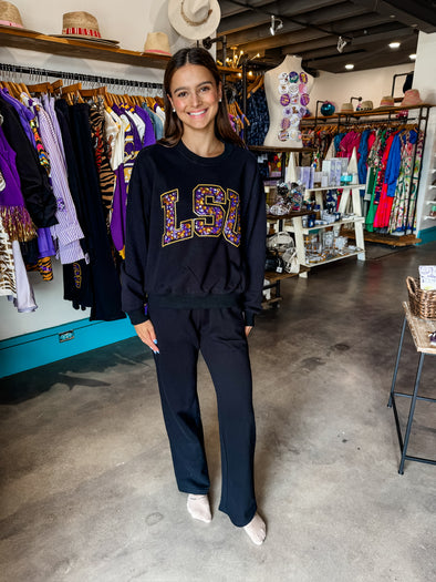 QOS Licensed LSU Black Multi Jewel Letter Sweatpants