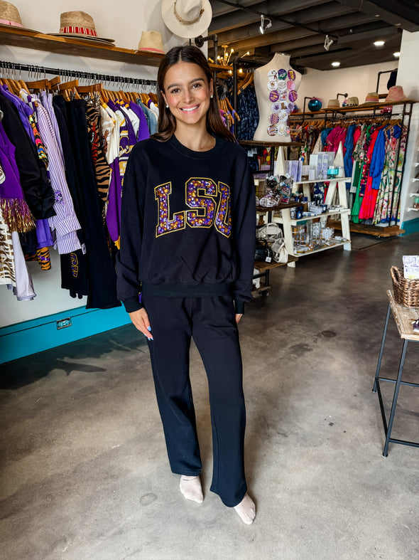 QOS Licensed LSU Black Multi Jewel Letter Sweatpants
