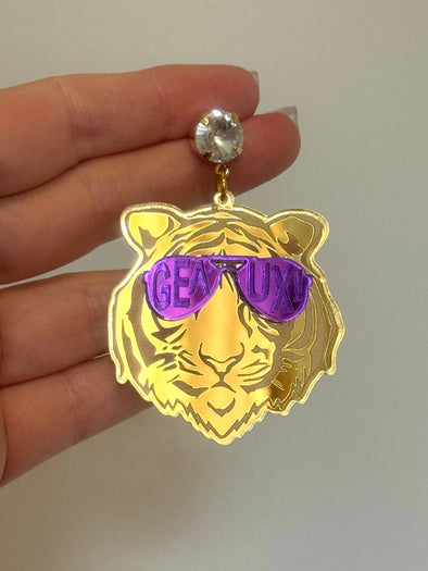 Louie Love Gold Purple Acrylic Tiger Face Rockstar Geaux Earrings
