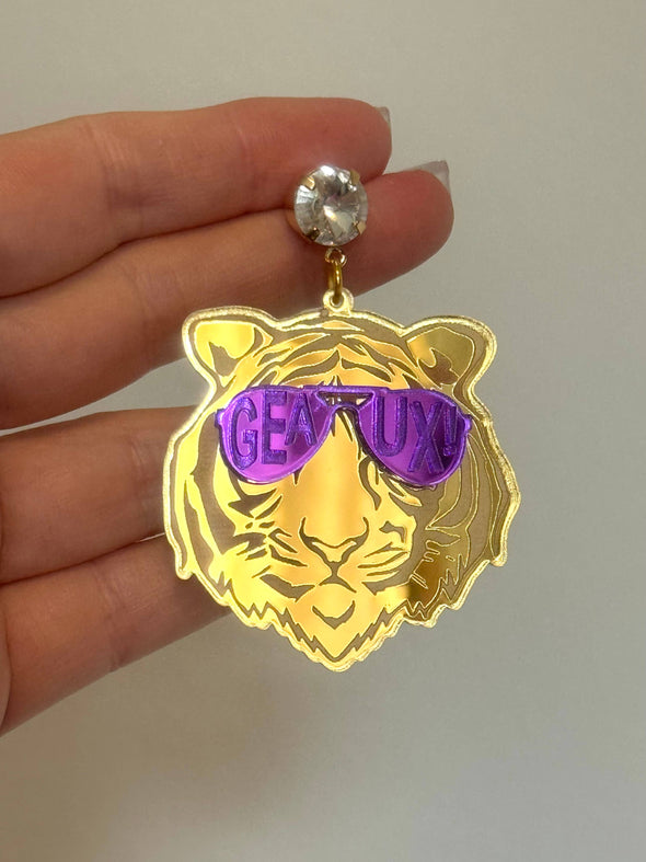 Louie Love Gold Purple Acrylic Tiger Face Rockstar Geaux Earrings