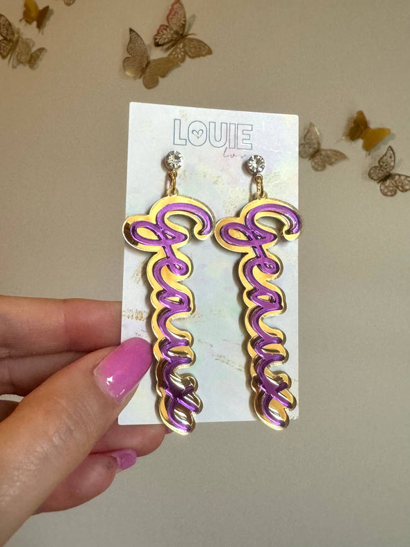 Louie Love Gold Acrylic Geaux Louisiana State LSU Tigers Earrings