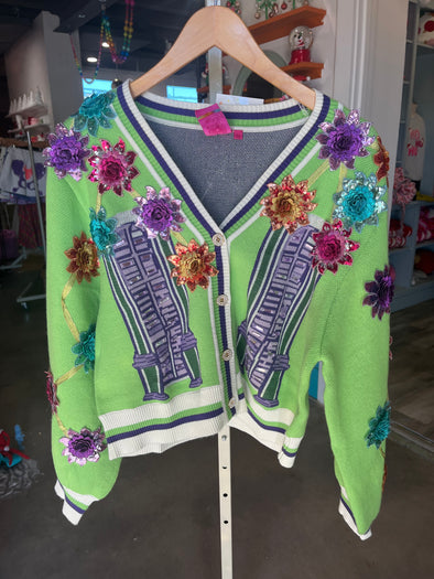 QOS Green Mardi Gras House Float Sweater