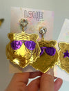 Louie Love Gold Purple Acrylic Tiger Face Rockstar Geaux Earrings