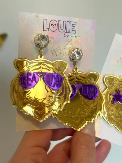 Louie Love Gold Purple Acrylic Tiger Face Rockstar Geaux Earrings
