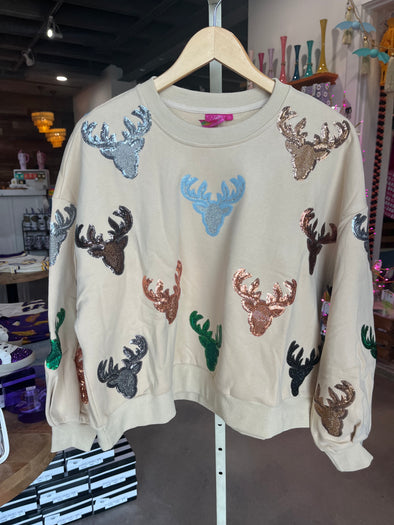 QOS Beige Deer Head Sweatshirt