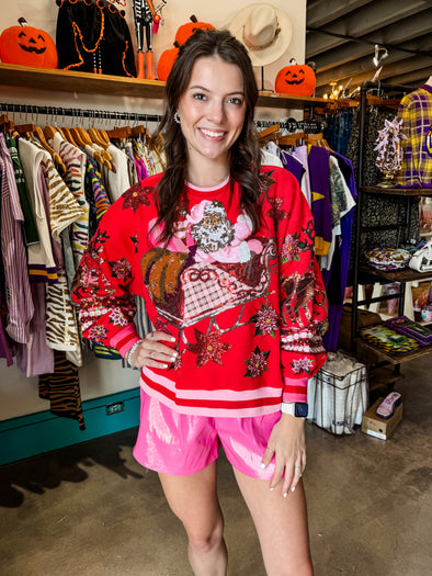 QOS Red&Pink Vintage Poinsettia Santa Sweatshirt