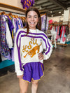 QOS Licensed Purple & Gold LSU Tiger Striped Long Sleeve Sweater