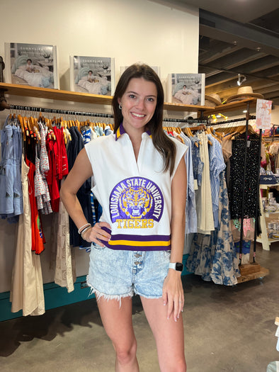 QOS Licensed LSU Striped Collar Circular Mascot Tank