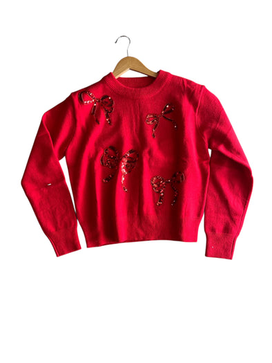 She+Sky Red Long Sleeve Sequin Ribbon Top