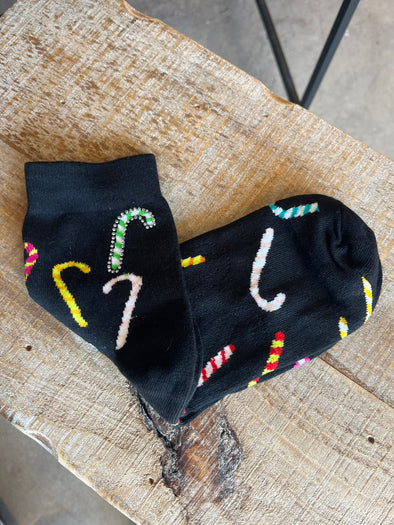 QOS Black Multi Candy Cane Socks