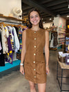 Endless Rose Camel Suede Round Neck Buttoned Mini Dress