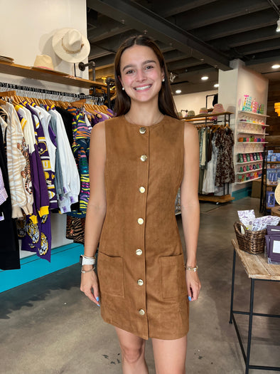 Endless Rose Camel Suede Round Neck Buttoned Mini Dress
