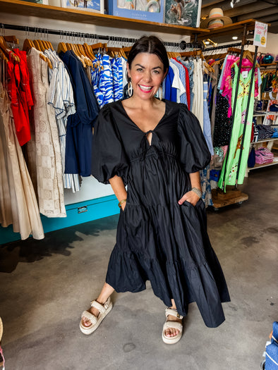 Aureum Black Tiered Midi Dress with Ties