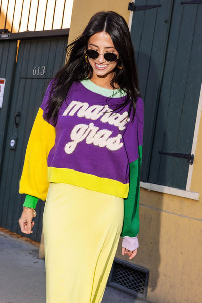 QOS Colorblock Fuzzy "Mardi Gras" Sweater