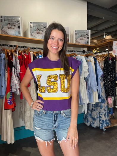 QOS Licensed LSU Colorblock Jewel Letter Sweater Tank