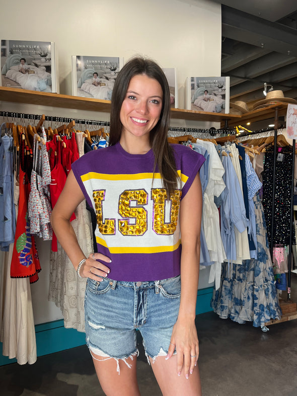 QOS Licensed LSU Colorblock Jewel Letter Sweater Tank