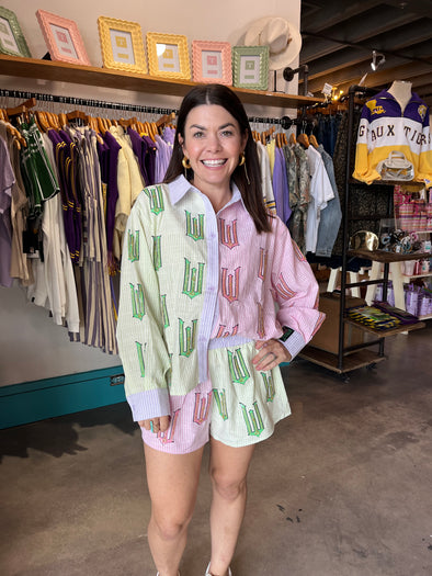 QOS Licensed Green, Pink,& Lavender Wicked Cotton Button Down Top
