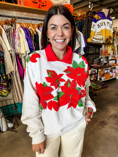 QOS Grey & Red Collar Poinsettia Sweatshirt