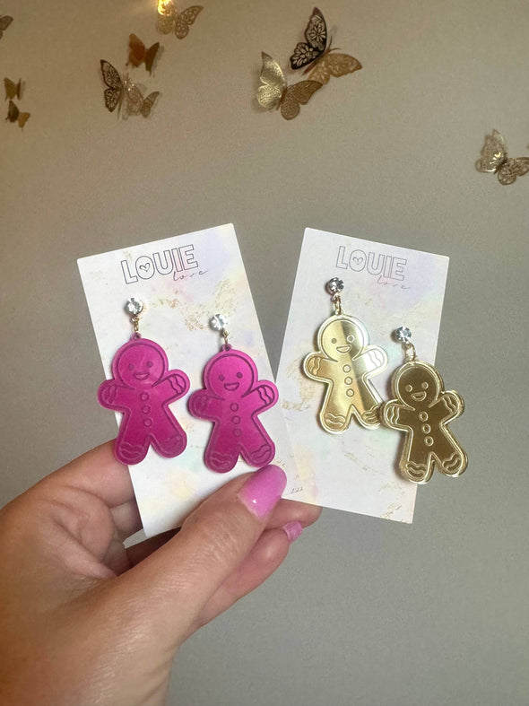 Louie Love Acrylic Gold Pink Gingerbread Christmas Earrings