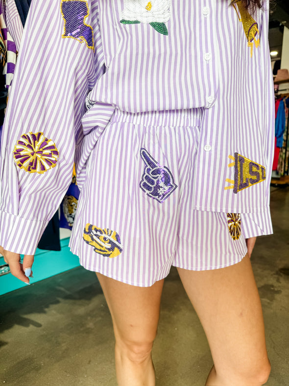 QOS Licensed LSU Mini Icon Striped Shorts