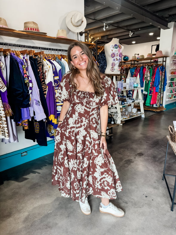 Sofie the Label Delphi Floral Printed Brown Midi Dress