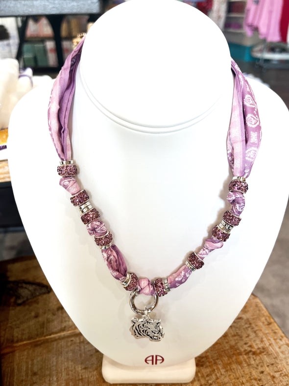 Scarf Necklace with Silver Tiger Head