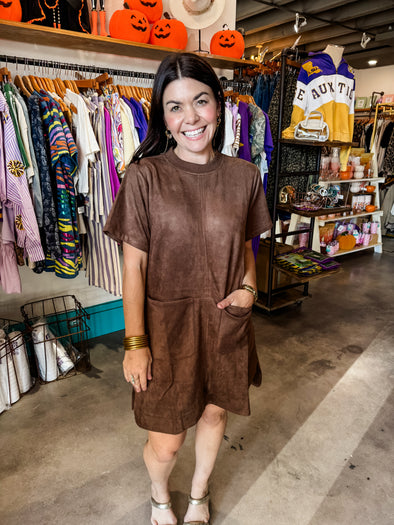 Before You Chocolate Faux Suede Short Sleeve Shift Dress