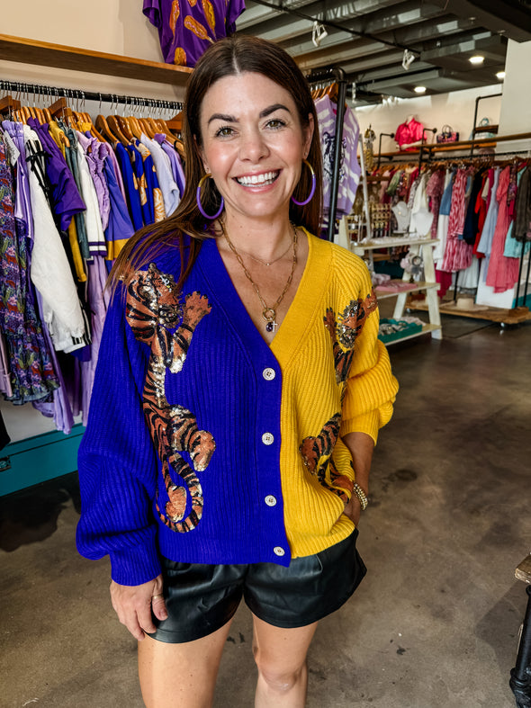 QOS Purple and Yellow Tiger Cardigan