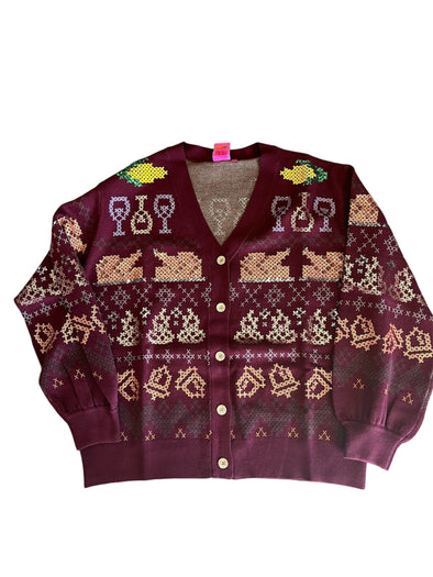 QOS Maroon Needlepoint Thanksgiving Cardigan