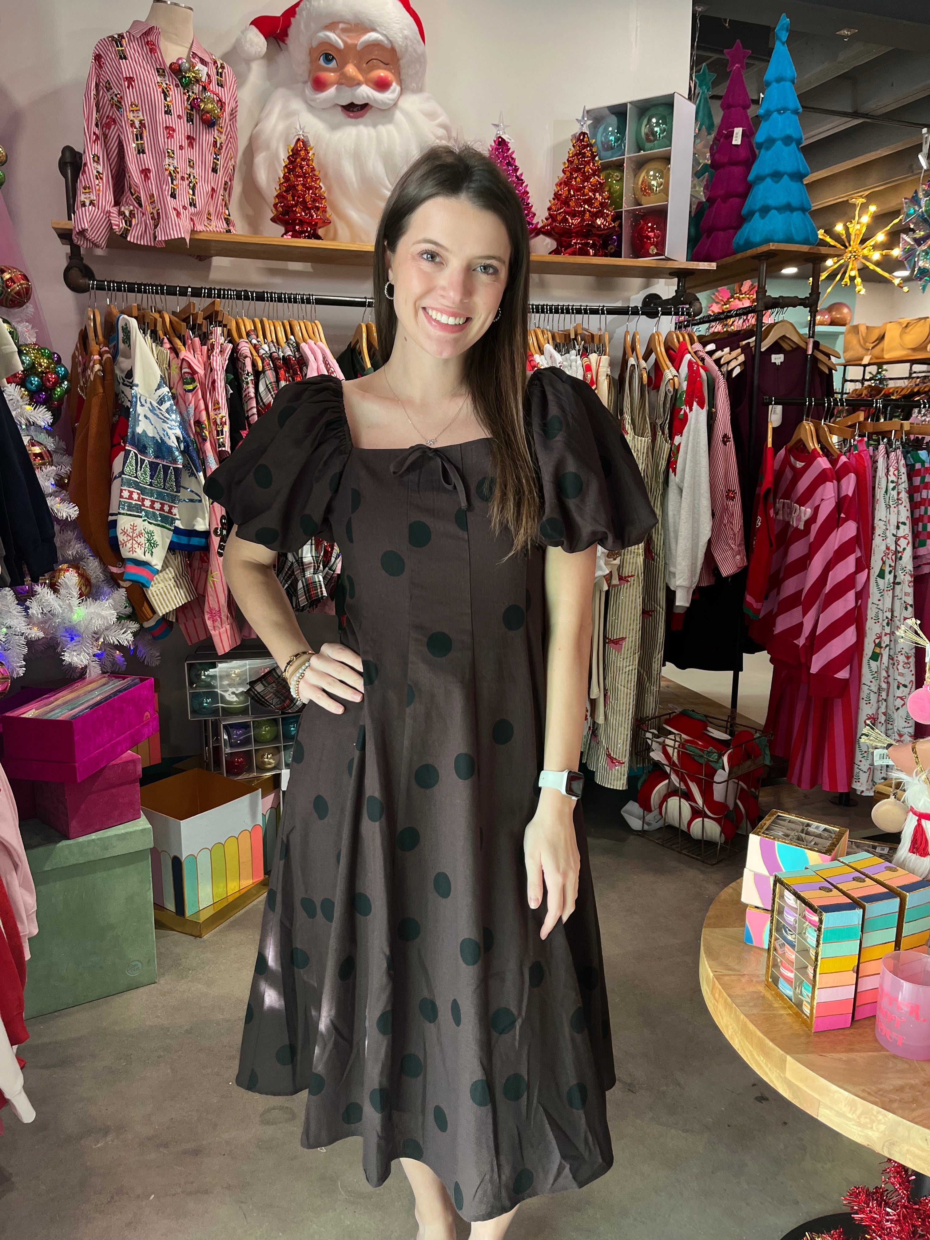 Aureum Brown Polka Dot Linen Midi Dress Aureum Brown Polka Dot Linen Midi Dress