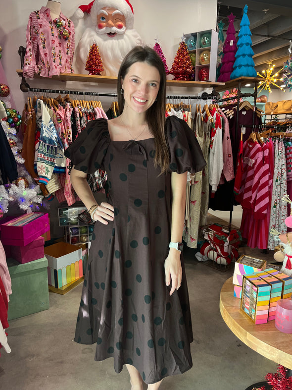 polka dot linen dress Aureum Brown Midi net-mesh Ashley Stewart Knotted Midaxi linen woven fabric Midi Colour:Dark Grey