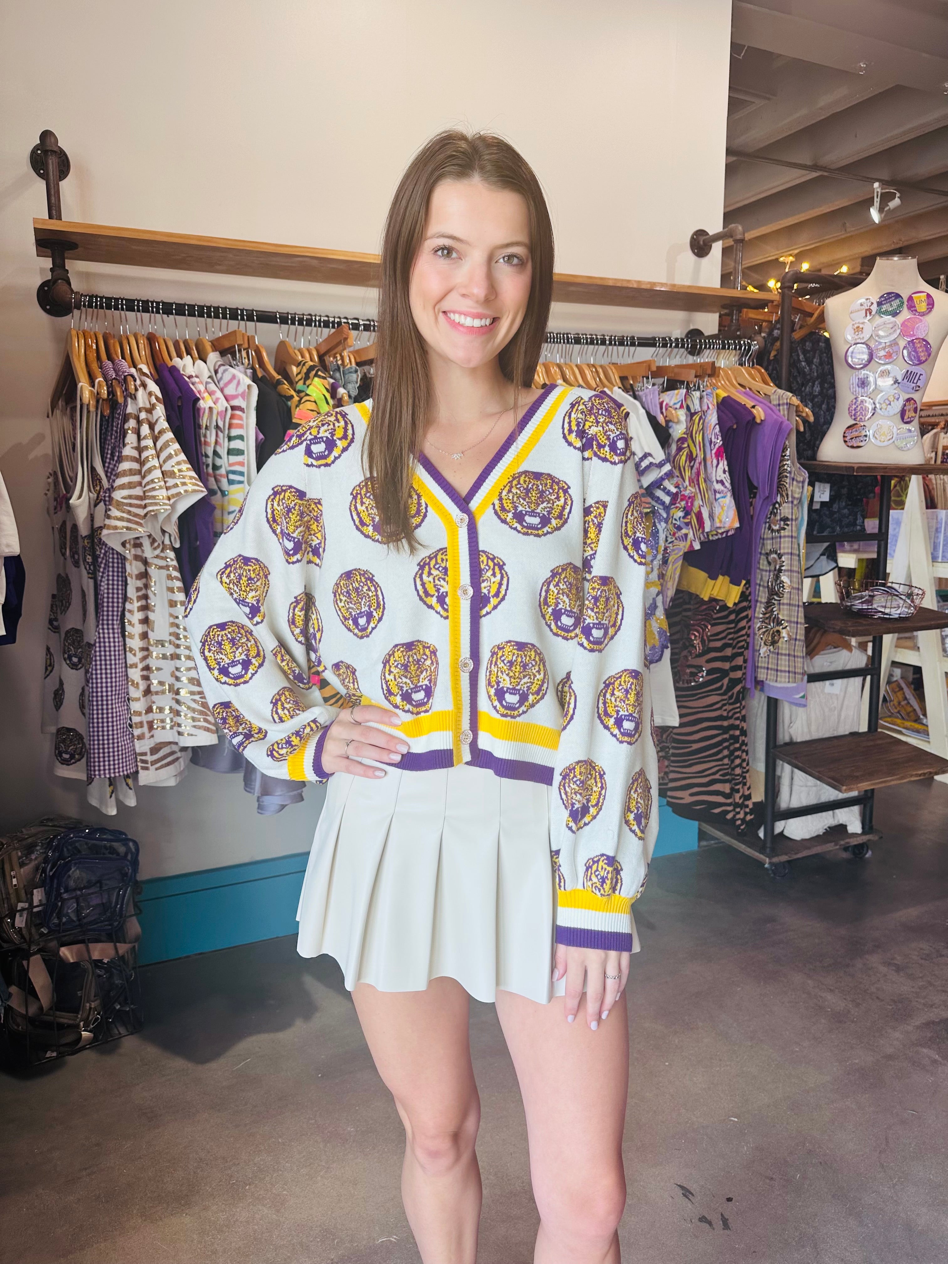 QOS Licensed LSU Knit In Mascot Rhinestone Cardigan