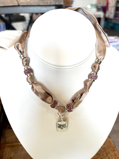 Scarf Necklace with Silver Tiger Pendant