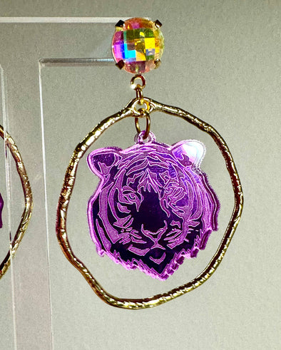 Louie Love Gold Purple Acrylic Tiger Face Earrings