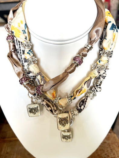 Scarf Necklace with Silver Tiger Pendant