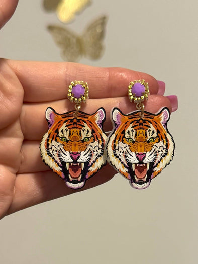 Louie Love Gold Purple Acrylic Gameday LSU Tiger Face Earrings