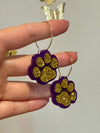 Louie Love Purple Glitter Gold Football Sports Paw Hoop Earrings