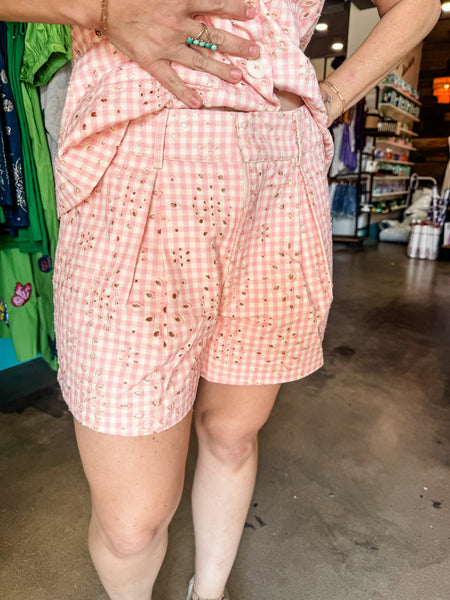 Aureum Pink Embroidered Gingham Shorts